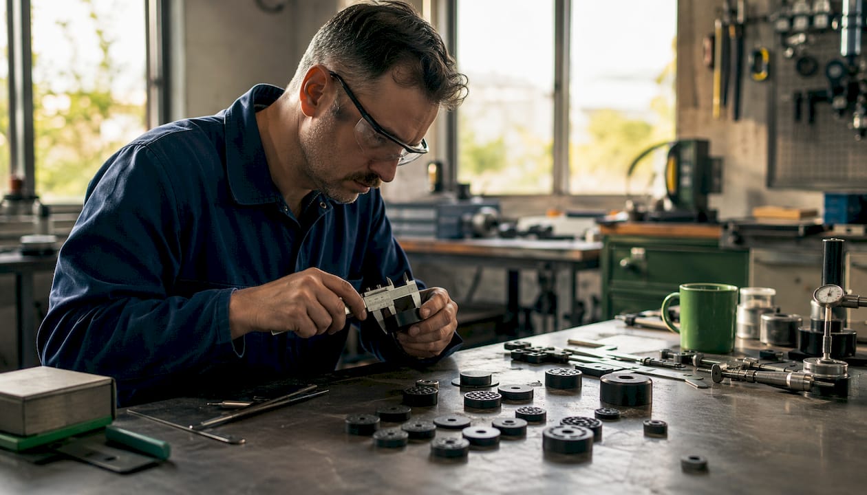 Technik sprawdza wymiary gumowych podkładek do mebli na swoim stanowisku pracy.