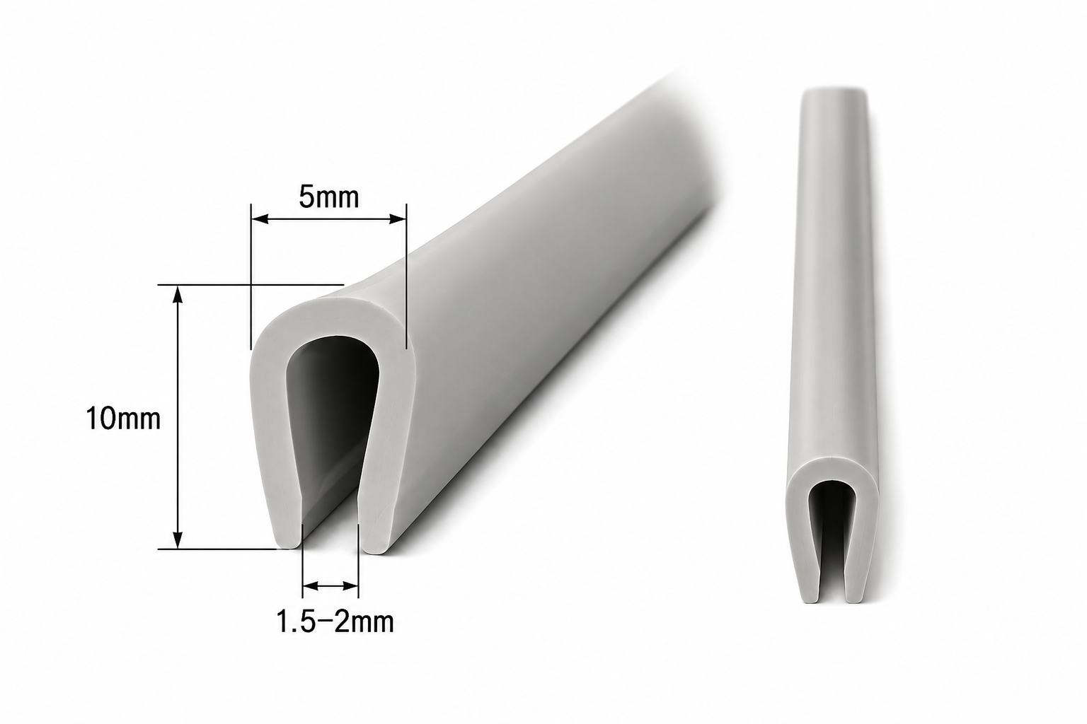 PVC pilkos spalvos U tipo kraštinė tarpinė – 1,5–2 mm krašto apsauga, profilis 5x10 mm