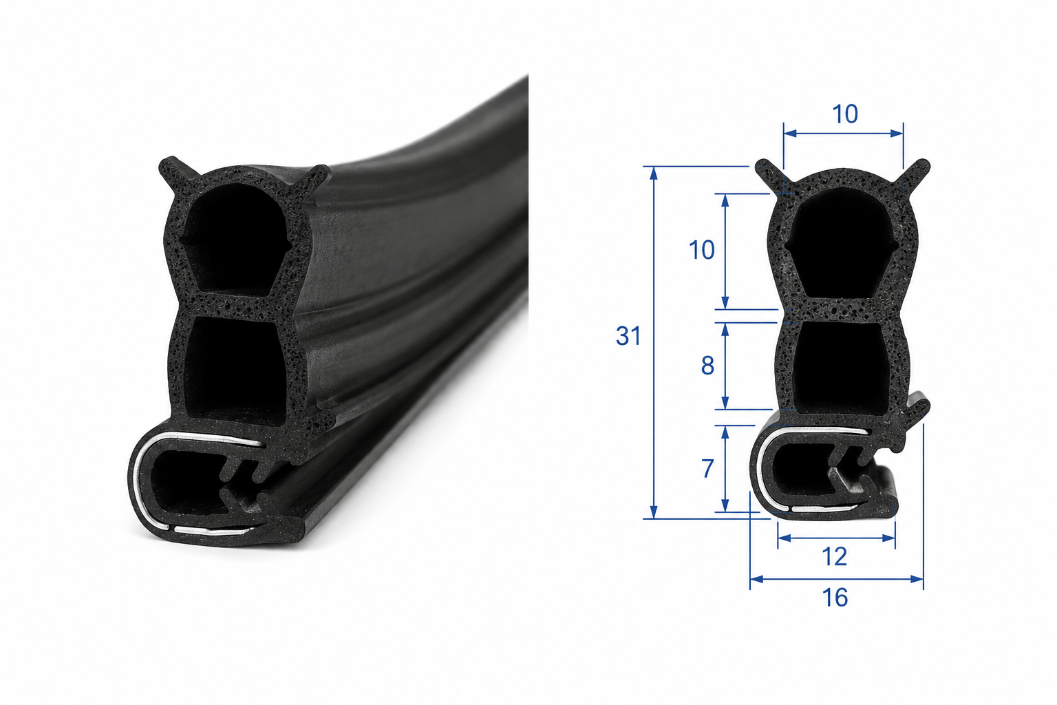 Blīvējums busa, furgona durvīm EPDM pastiprināts – dubultā kamera, profils 31x16 mm